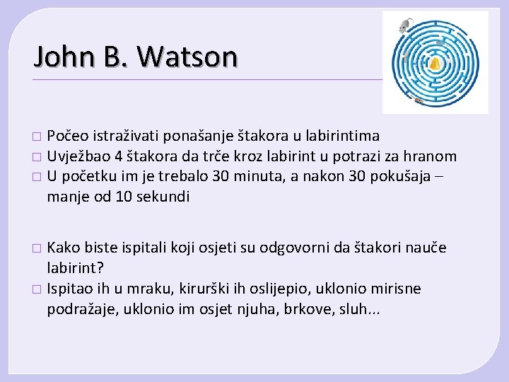 John B. Watson Počeo istraživati ponašanje štakora u labirintima � Uvježbao 4 štakora da