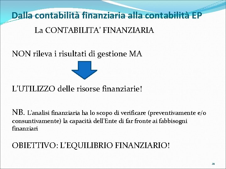 Dalla contabilità finanziaria alla contabilità EP La CONTABILITA’ FINANZIARIA NON rileva i risultati di