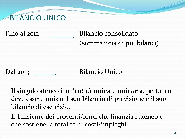 BILANCIO UNICO Fino al 2012 Bilancio consolidato (sommatoria di più bilanci) Dal 2013 Bilancio