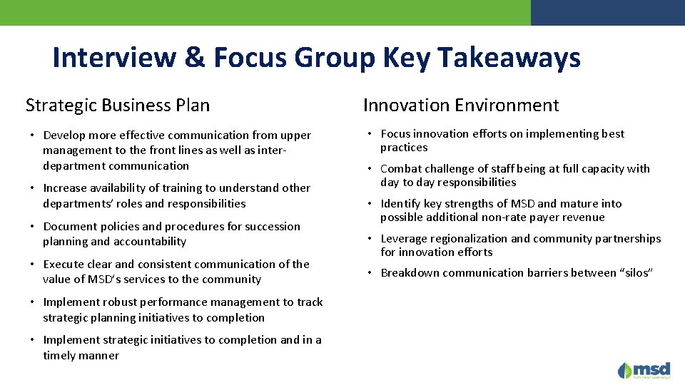 Interview & Focus Group Key Takeaways Strategic Business Plan • Develop more effective communication