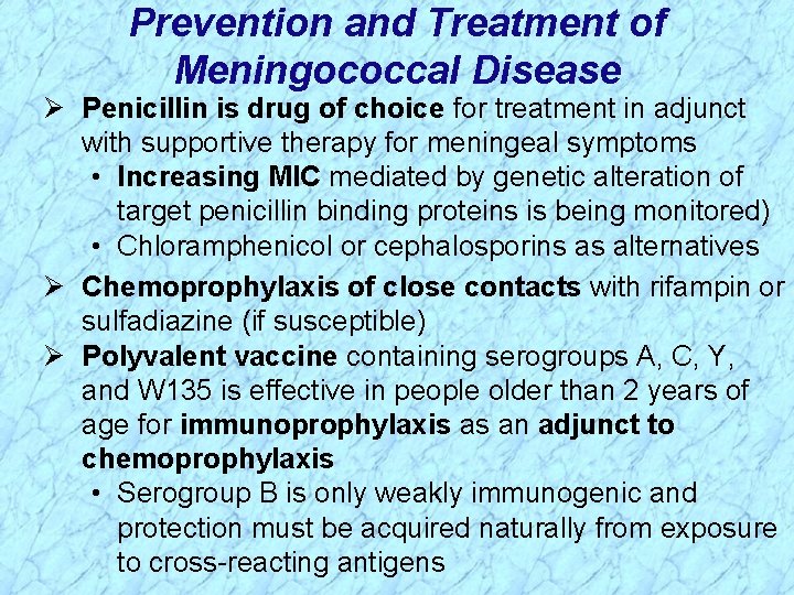 Prevention and Treatment of Meningococcal Disease Ø Penicillin is drug of choice for treatment