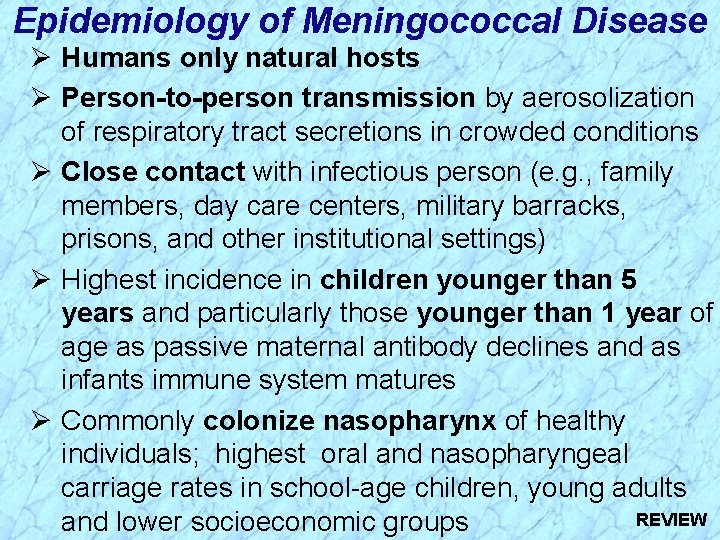 Epidemiology of Meningococcal Disease Ø Humans only natural hosts Ø Person-to-person transmission by aerosolization