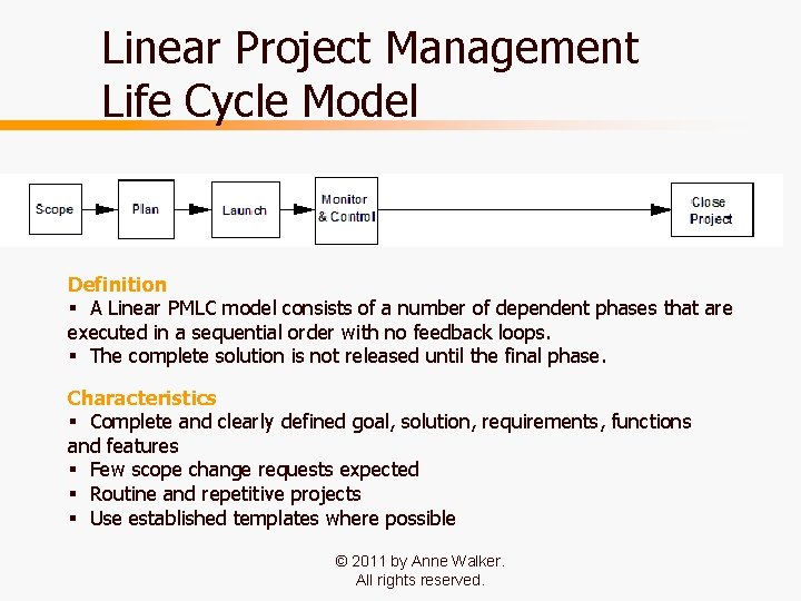 Linear Project Management Life Cycle Model Definition § A Linear PMLC model consists of