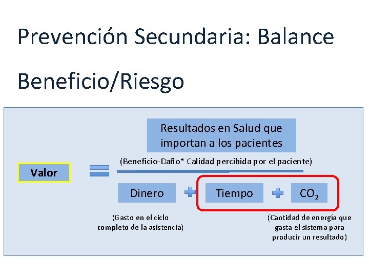 Prevención Secundaria: Balance Beneficio/Riesgo Resultados en Salud que importan a los pacientes Valor (Beneficio-Daño*