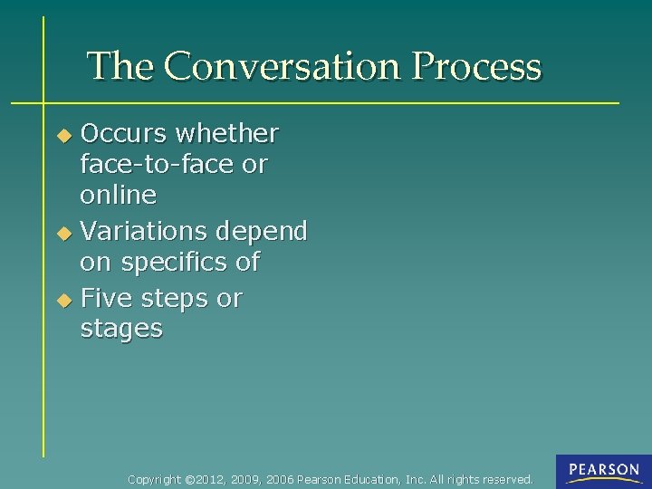 The Conversation Process Occurs whether face-to-face or online u Variations depend on specifics of