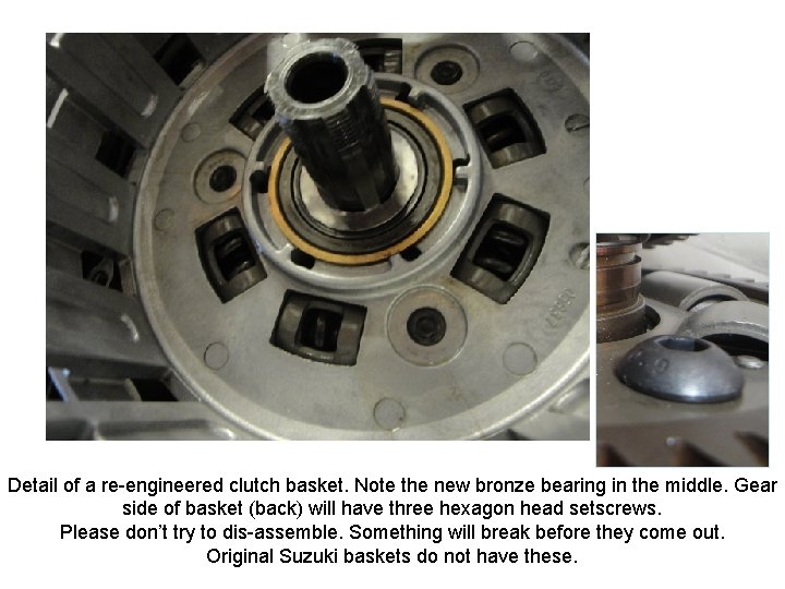 Detail of a re-engineered clutch basket. Note the new bronze bearing in the middle.