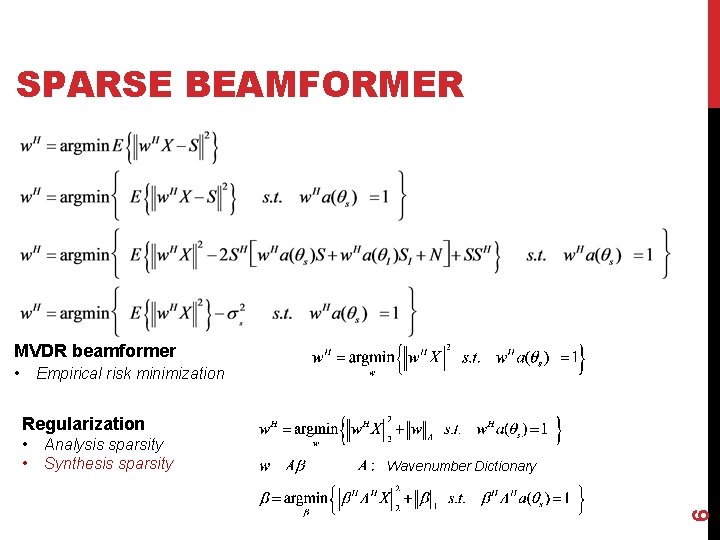 SPARSE BEAMFORMER MVDR beamformer • Empirical risk minimization Regularization Analysis sparsity Synthesis sparsity Wavenumber