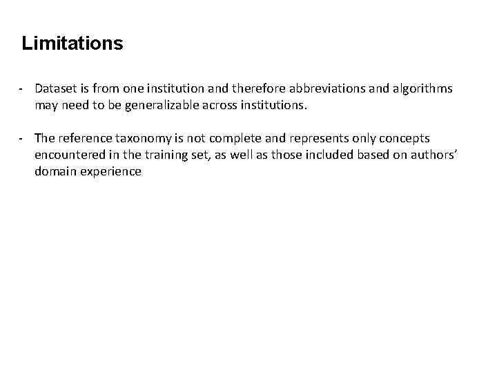 Limitations - Dataset is from one institution and therefore abbreviations and algorithms may need