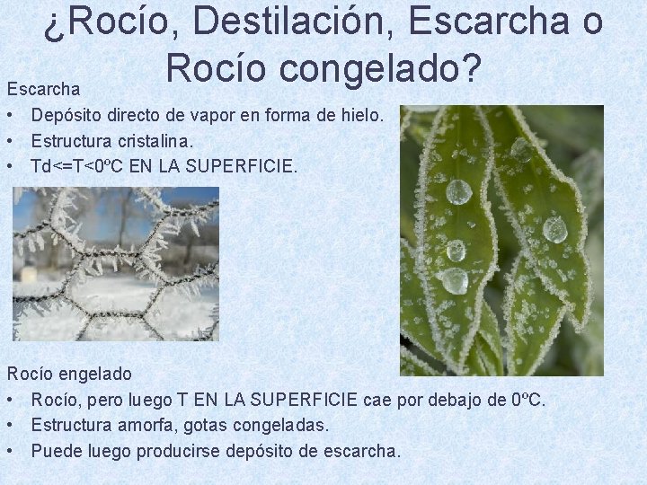 ¿Rocío, Destilación, Escarcha o Rocío congelado? Escarcha • Depósito directo de vapor en forma