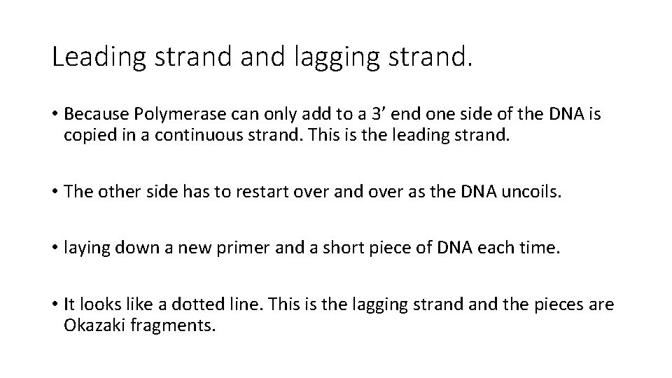 Leading strand lagging strand. • Because Polymerase can only add to a 3’ end