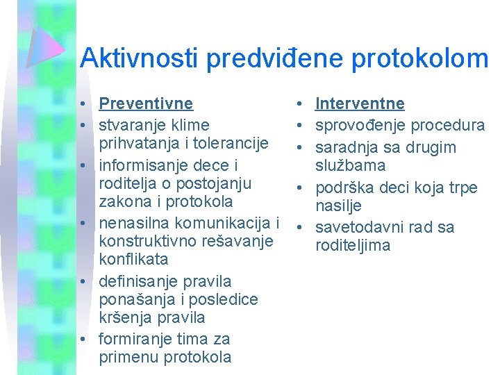 Aktivnosti predviđene protokolom • Preventivne • stvaranje klime prihvatanja i tolerancije • informisanje dece