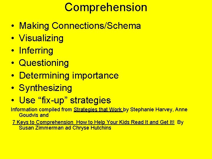 Comprehension • • Making Connections/Schema Visualizing Inferring Questioning Determining importance Synthesizing Use “fix-up” strategies