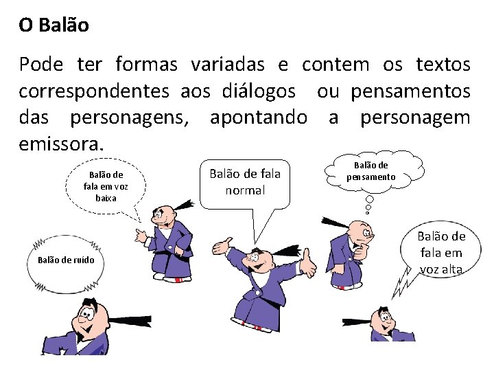 O Balão Pode ter formas variadas e contem os textos correspondentes aos diálogos ou