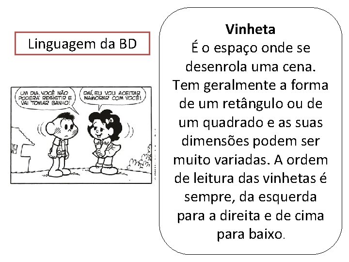 Linguagem da BD Vinheta É o espaço onde se desenrola uma cena. Tem geralmente