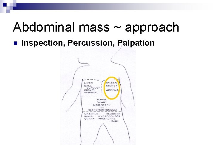Abdominal mass ~ approach n Inspection, Percussion, Palpation 
