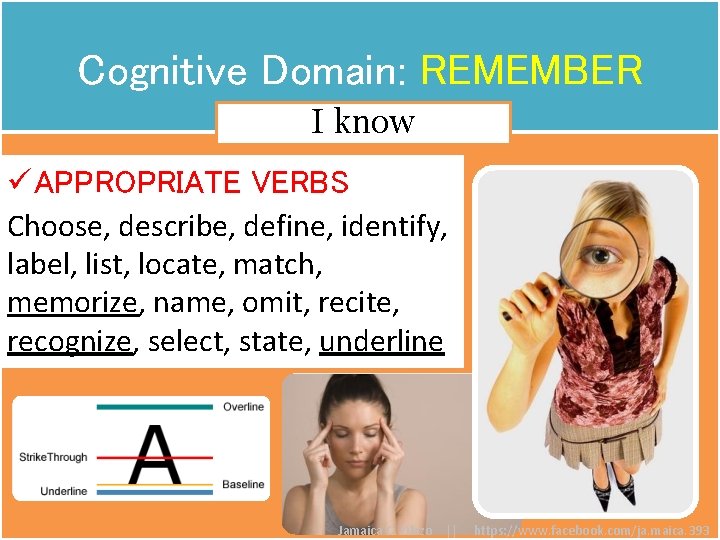 Cognitive Domain: REMEMBER I know ü APPROPRIATE VERBS Choose, describe, define, identify, label, list,