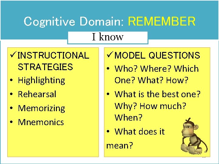 Cognitive Domain: REMEMBER I know ü INSTRUCTIONAL STRATEGIES • Highlighting • Rehearsal • Memorizing