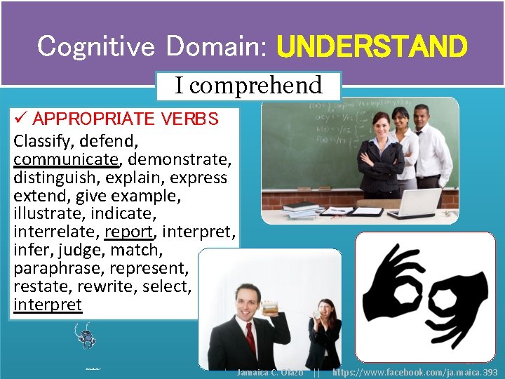 Cognitive Domain: UNDERSTAND I comprehend ü APPROPRIATE VERBS Classify, defend, communicate, demonstrate, distinguish, explain,