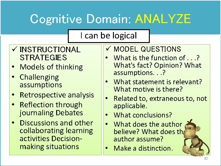 Cognitive Domain: ANALYZE I can be logical ü INSTRUCTIONAL STRATEGIES • Models of thinking