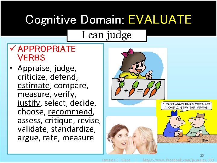 Cognitive Domain: EVALUATE I can judge ü APPROPRIATE VERBS • Appraise, judge, criticize, defend,