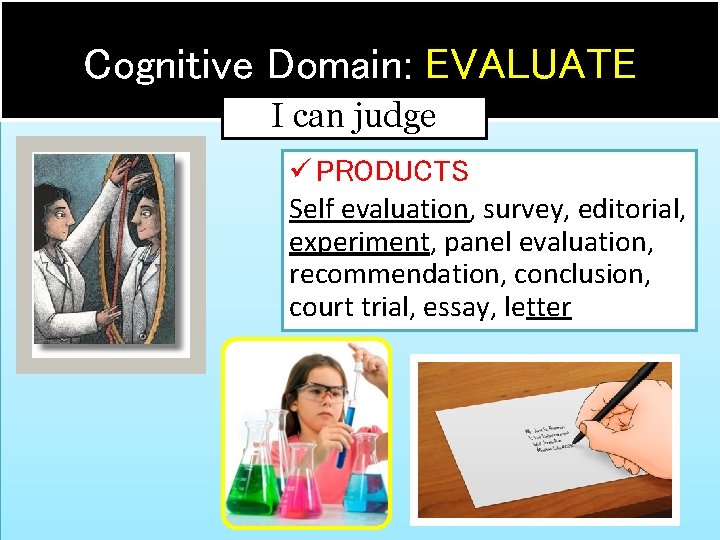 Cognitive Domain: EVALUATE I can judge ü PRODUCTS Self evaluation, survey, editorial, experiment, panel