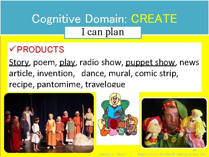 Cognitive Domain: CREATE I can plan ü PRODUCTS Story, poem, play, radio show, puppet