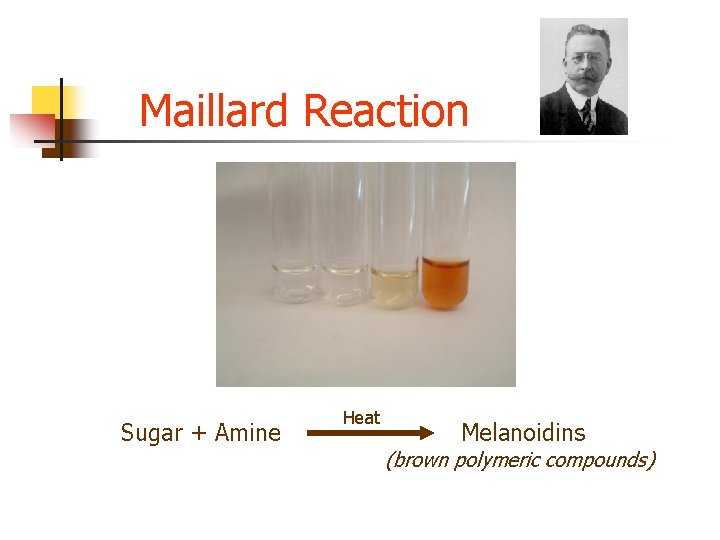Maillard Reaction Sugar + Amine Heat Melanoidins (brown polymeric compounds) Maillard Reaction Sugar + Amine Heat Melanoidins (brown polymeric compounds)