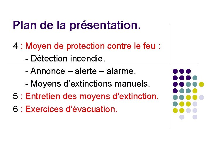 Plan de la présentation. 4 : Moyen de protection contre le feu : -