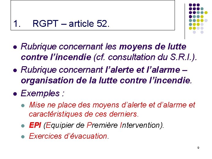 1. l l l RGPT – article 52. Rubrique concernant les moyens de lutte