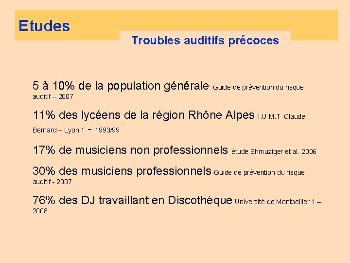 Etudes Troubles auditifs précoces 5 à 10% de la population générale Guide de prévention