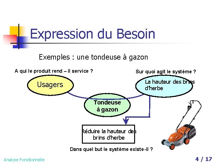 Expression du Besoin Exemples : une tondeuse à gazon A qui le produit rend