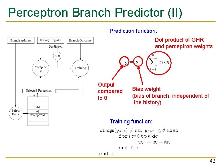Perceptron Branch Predictor (II) Prediction function: Dot product of GHR and perceptron weights Output
