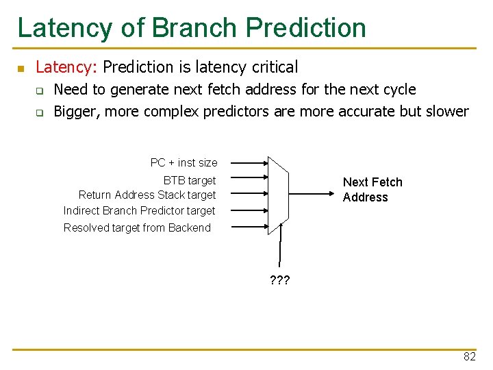 Latency of Branch Prediction n Latency: Prediction is latency critical q q Need to