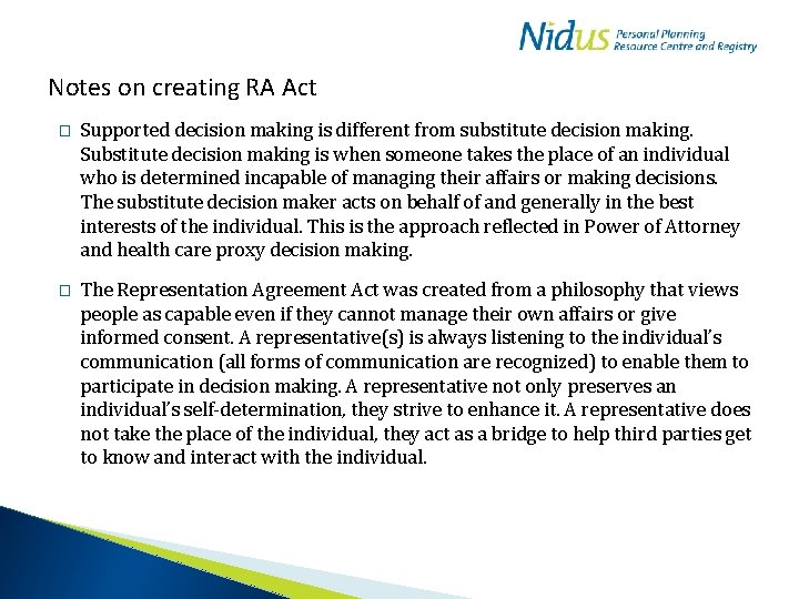 Notes on creating RA Act � Supported decision making is different from substitute decision