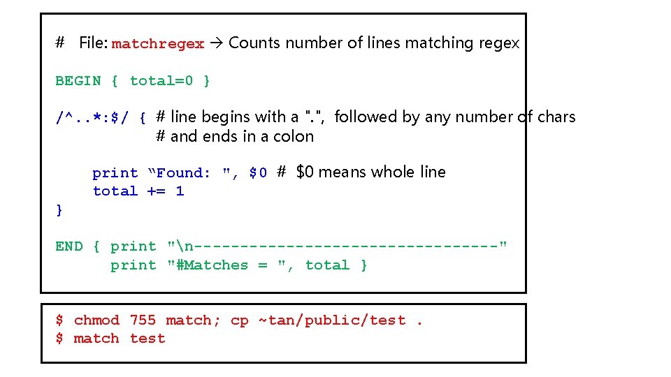 # File: matchregex Counts number of lines matching regex BEGIN { total=0 } /^.