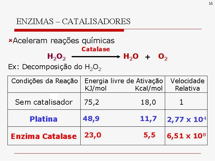 16 ENZIMAS – CATALISADORES ûAceleram reações químicas Catalase H 2 O 2 Ex: Decomposição