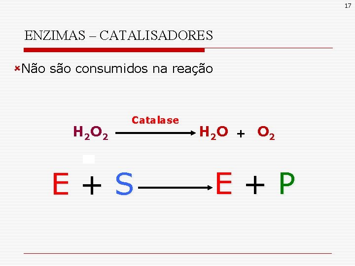 17 ENZIMAS – CATALISADORES ûNão são consumidos na reação H 2 O 2 Catalase 17 ENZIMAS – CATALISADORES ûNão são consumidos na reação H 2 O 2 Catalase