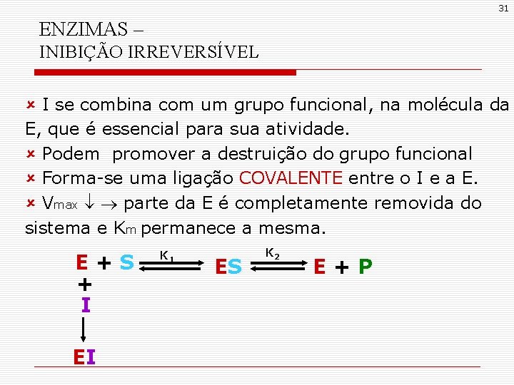 31 ENZIMAS – INIBIÇÃO IRREVERSÍVEL û I se combina com um grupo funcional, na 31 ENZIMAS – INIBIÇÃO IRREVERSÍVEL û I se combina com um grupo funcional, na