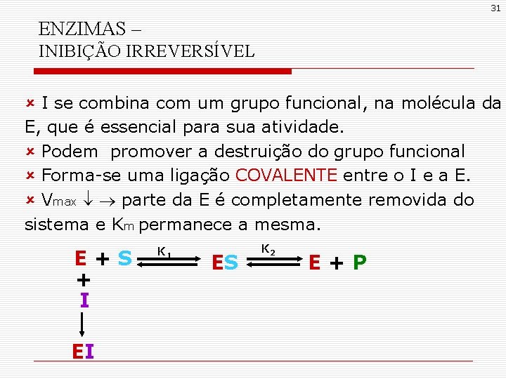 31 ENZIMAS – INIBIÇÃO IRREVERSÍVEL û I se combina com um grupo funcional, na