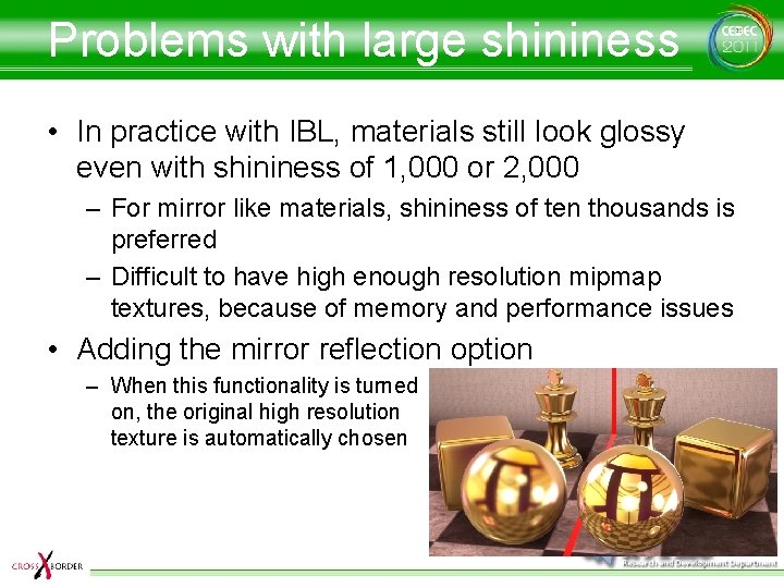 Problems with large shininess • In practice with IBL, materials still look glossy even