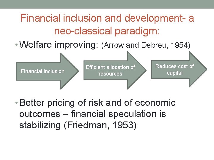 Financial inclusion and development- a neo-classical paradigm: • Welfare improving: (Arrow and Debreu, 1954)