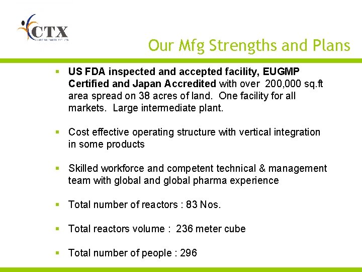 Our Mfg Strengths and Plans § US FDA inspected and accepted facility, EUGMP Certified