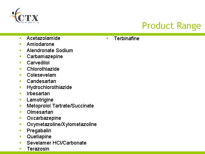 Product Range § § § § § Acetazolamide Amiodarone Alendronate Sodium Carbamazepine Carvedilol Chlorothiazide