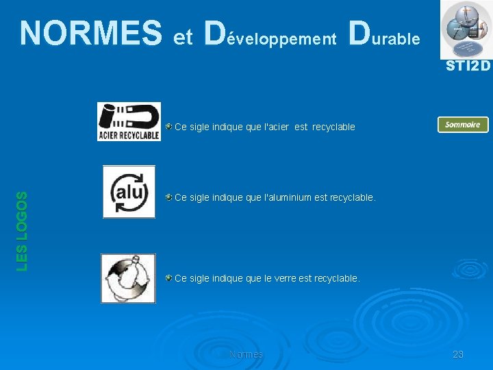 NORMES et Développement Durable STI 2 D LES LOGOS Ce sigle indique l'acier est