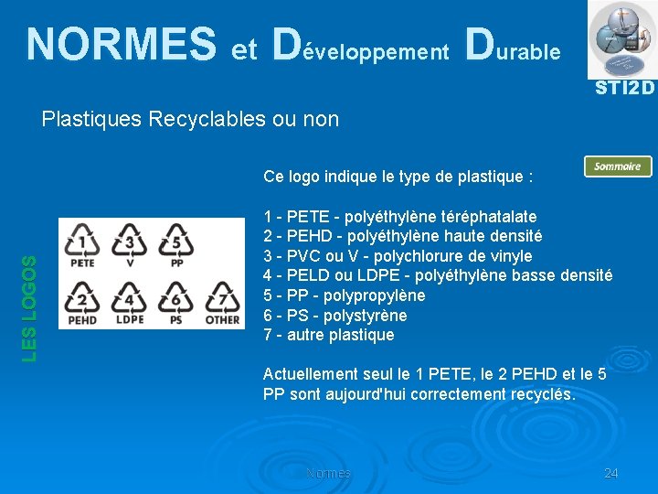 NORMES et Développement Durable STI 2 D Plastiques Recyclables ou non LES LOGOS Ce