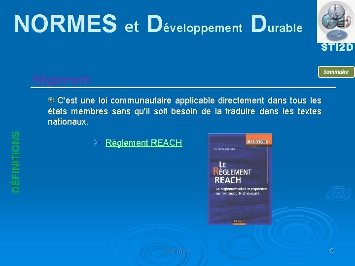 NORMES et Développement Durable STI 2 D Règlement DÉFINITIONS C'est une loi communautaire applicable