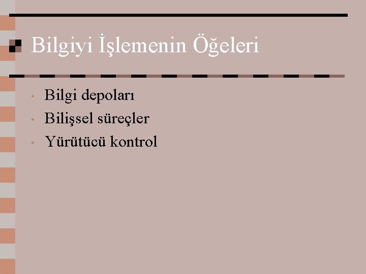 Bilgiyi İşlemenin Öğeleri • • • Bilgi depoları Bilişsel süreçler Yürütücü kontrol 
