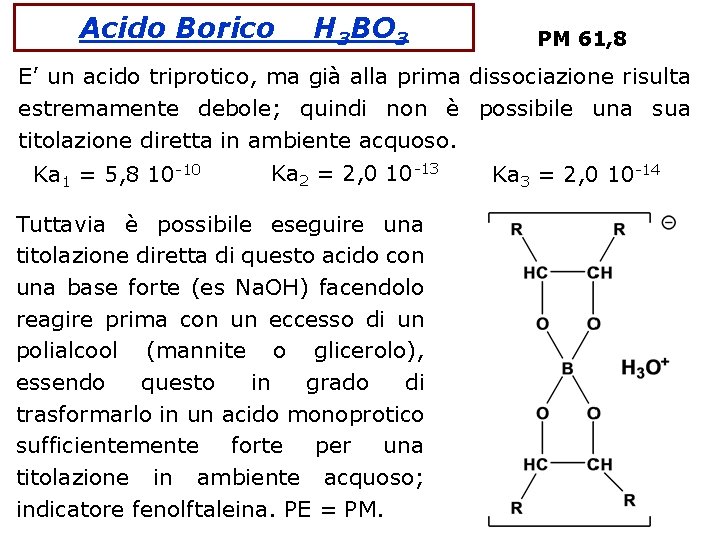 Acido Borico H 3 BO 3 PM 61, 8 E’ un acido triprotico, ma