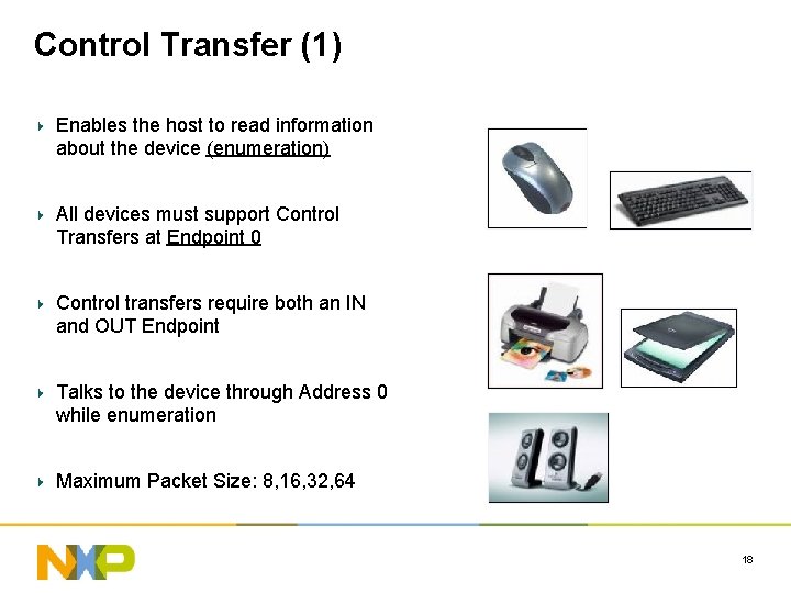 Control Transfer (1) Enables the host to read information about the device (enumeration) All