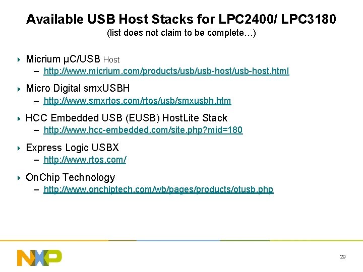 Available USB Host Stacks for LPC 2400/ LPC 3180 (list does not claim to